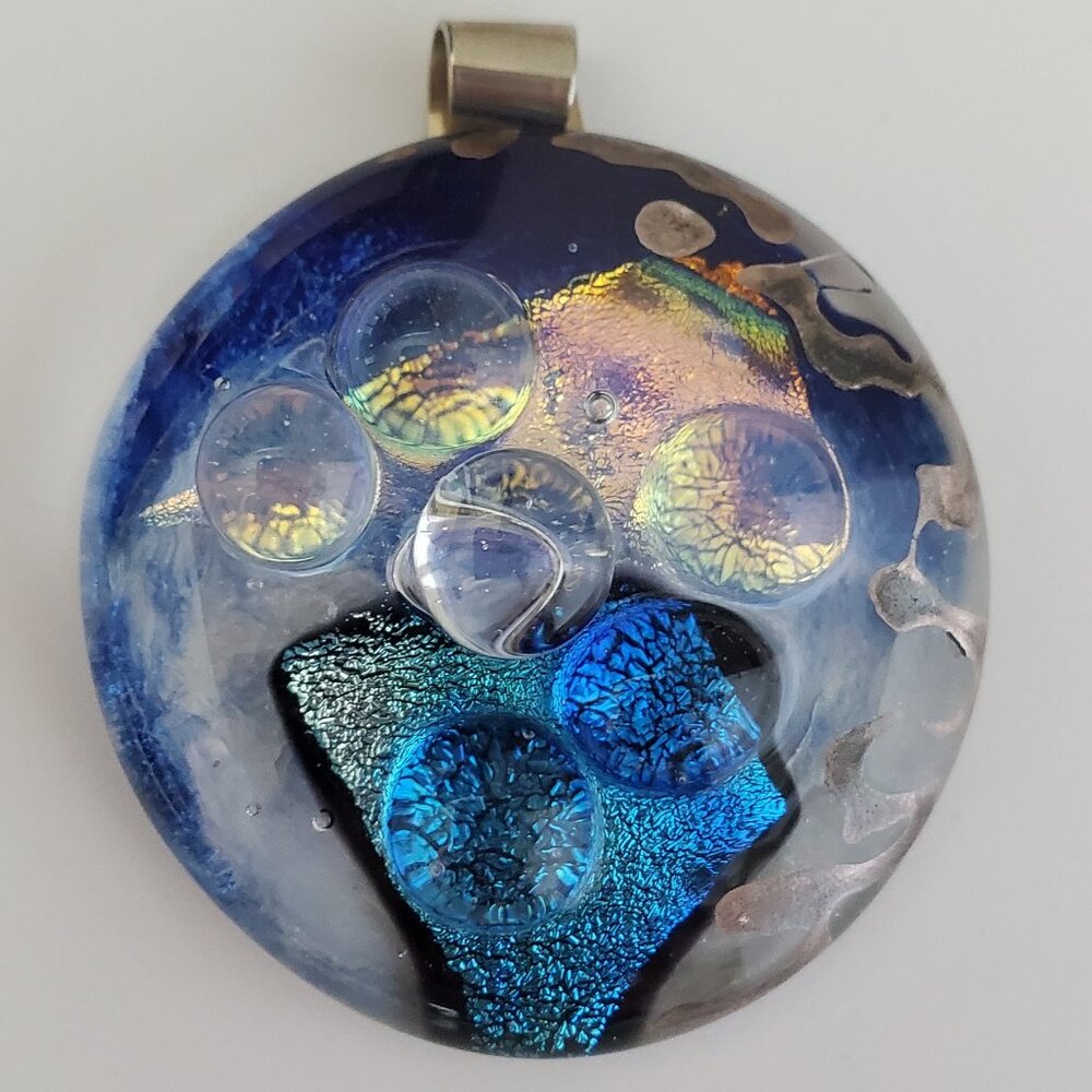 Handcrafted Dichroic Art Glass Pendant | Blue Tones Shimmering Foil & Bubbles